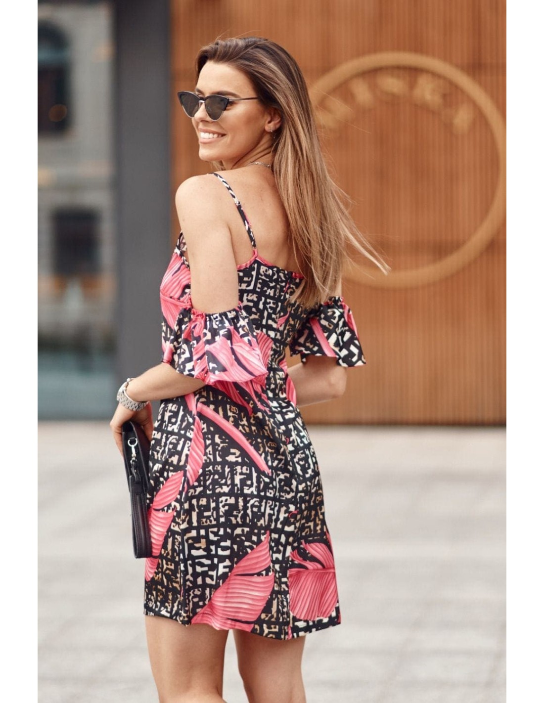 Strap dress with sleeves with pink leaves, black PR3215 - Online store - Boutique